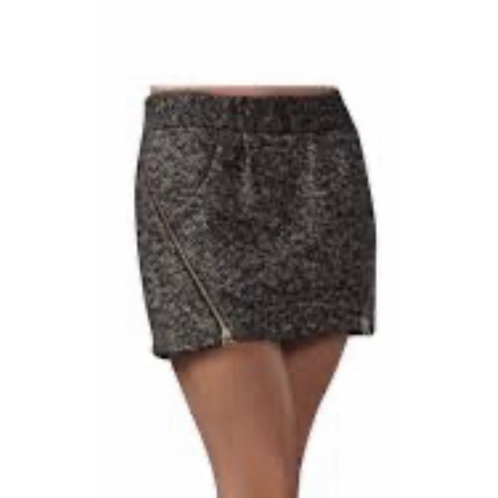 REBECCA MINKOFF Sz 6 Wool Silk  Black Gray Tweed  Skirt Asymmetrical Front Zip